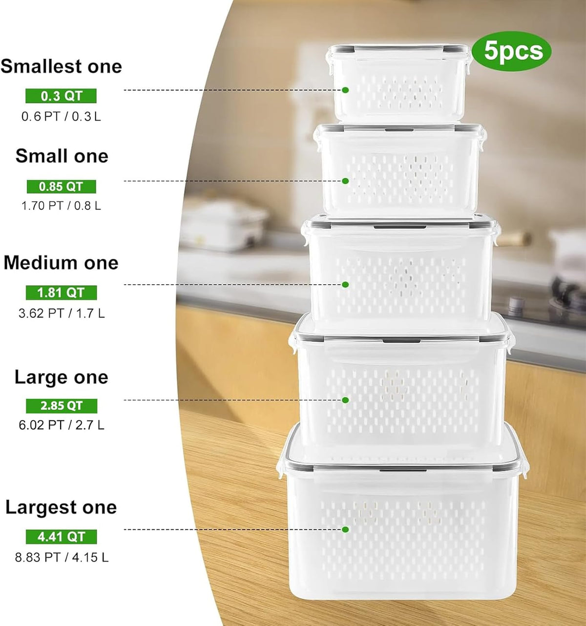 5PCS Produce Storage Containers with Removable Colander & Leakproof Lids