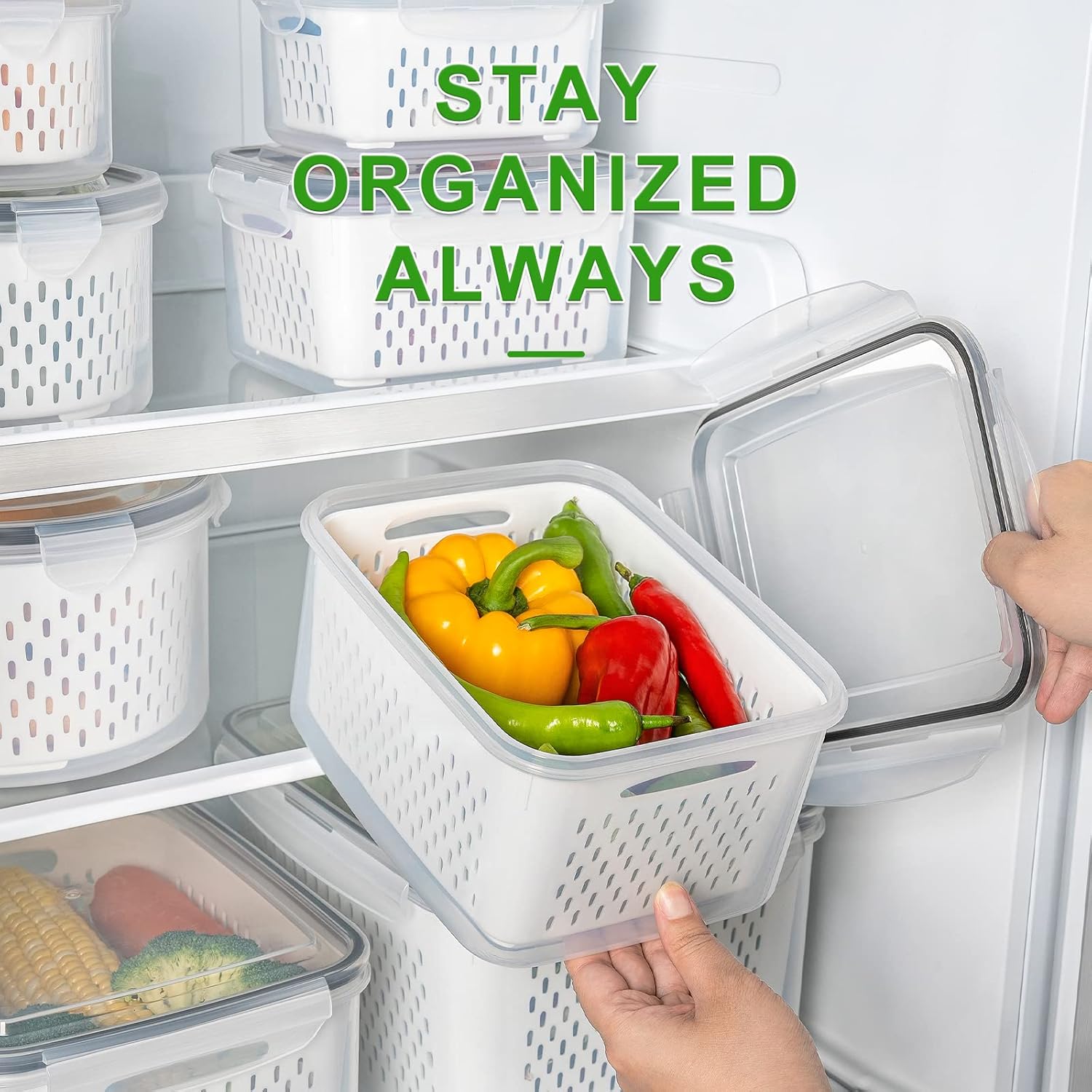 5PCS Produce Storage Containers with Removable Colander & Leakproof Lids