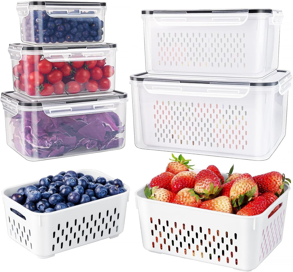 5PCS Produce Storage Containers with Removable Colander & Leakproof Lids