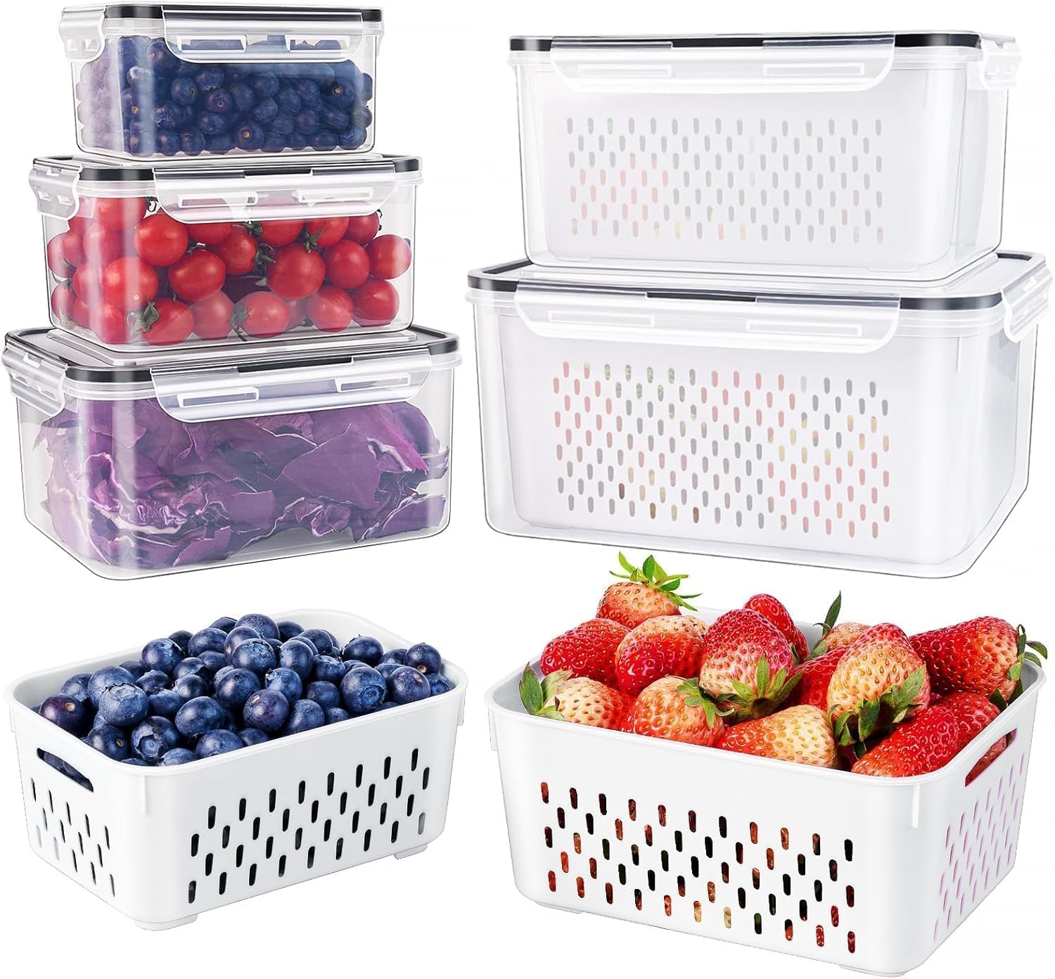5PCS Produce Storage Containers with Removable Colander & Leakproof Lids